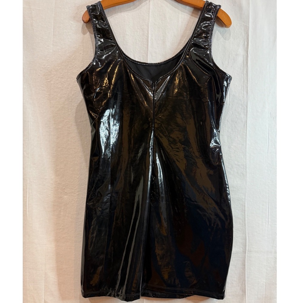 HDE Black Faux Leather Goth punk Grunge Mini Dress Sleeveless Scoop Neck Large - Picture 3 of 9